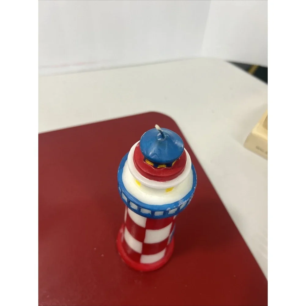 Vtg Lighthouse‎ Wax Candle Figurine Red/Blue/White 9